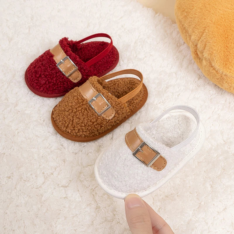 Baby Girl Boy Walking Shoes Fleece Lined Closed Toe Sandal Slippers with Decorative Buckle