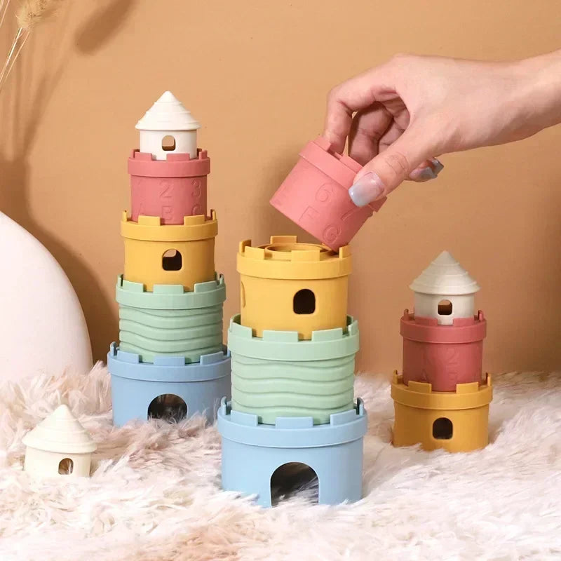 Baby Cartoon Silicone Castle Stack Cup Toys Digital Cognitive Building Blocks for Kids