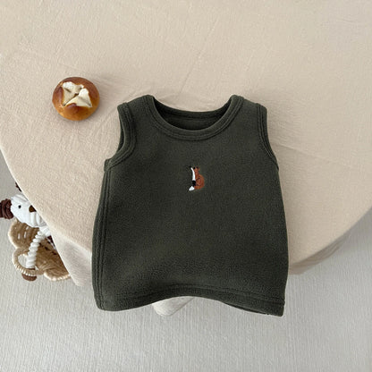 Boy Girl Baby Cartoon Warm Sleeveless Vest Children Embroidery Fleece Thick Tops