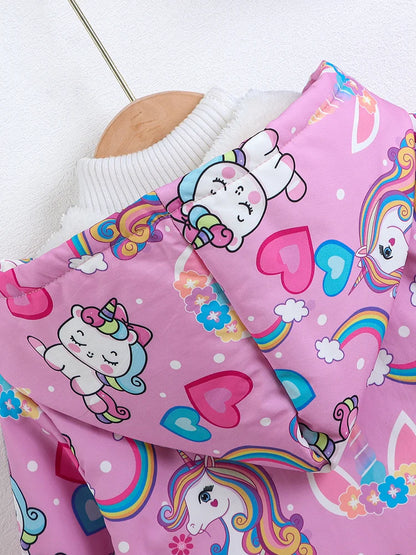 Girls Unicorn Heart Rainbow Print Winter Thickened Fleece Warm Hooded Jacket