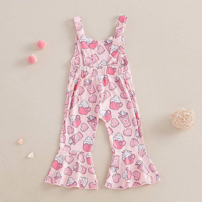 Girls Bib Bow/Dessert Print Sleeveless Flare Jumpsuit Suspender Pants for Toddler