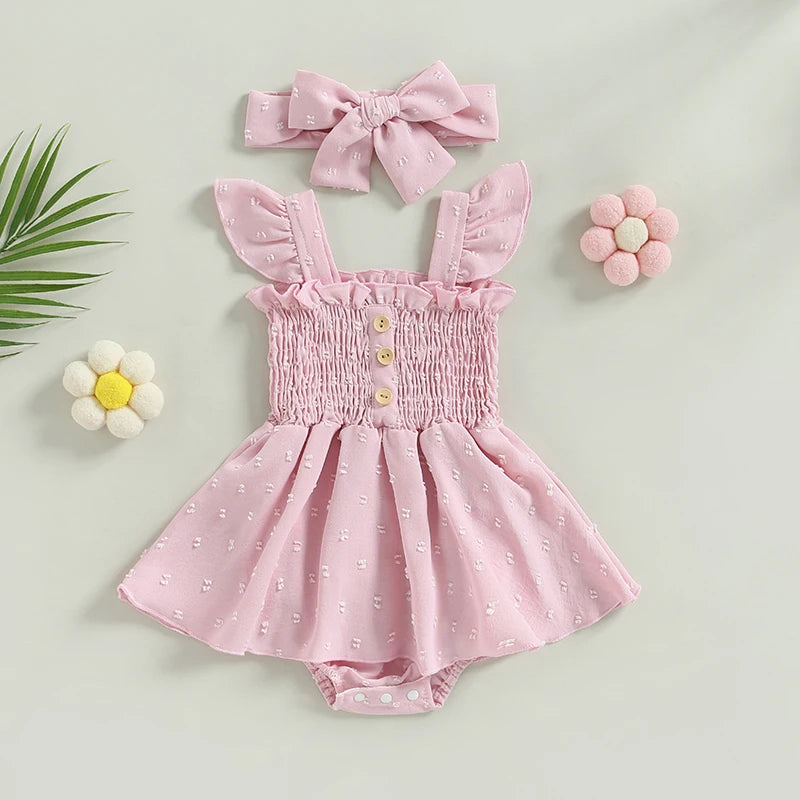 Baby Girls Romper Solid Color Flying Sleeve Ruched Button Playsuit with Headband