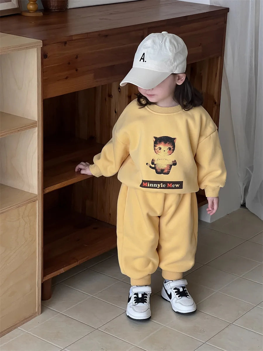 Infant Girls Cute Kitty Fleece Sweatshirt Outfits Kids Sweat Pants Suit