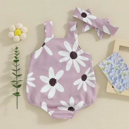 Newborn Baby Girl Sleeveless Bodysuit 2Pcs Floral Print Overalls with Headband