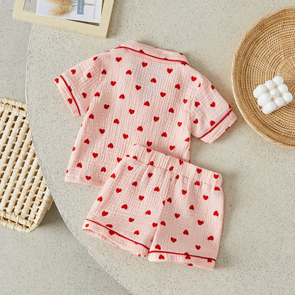 Toddler Baby Girl Pajama Set Button Down Short Sleeve Tops + Elastic Waist Heart Print