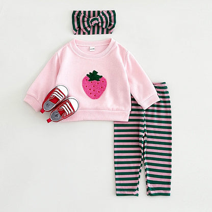 Girls Strawberry Embroidery Pullover Shirt +Leggings Pure Cotton Elastic Waist