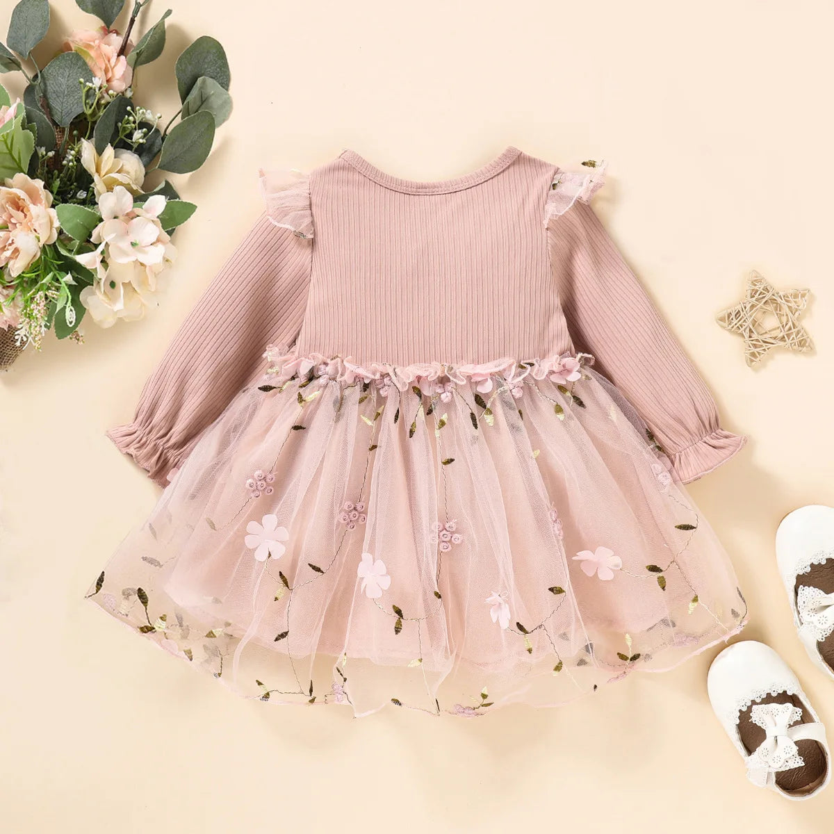 Baby Girl Baby Pink Thin Long Sleeved Princess Flower Mesh Dress