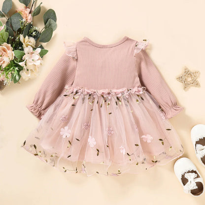 Baby Girl Baby Pink Thin Long Sleeved Princess Flower Mesh Dress