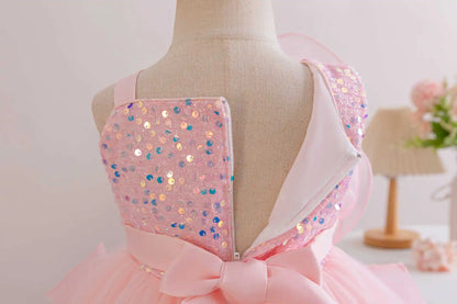 Girls Party Dresses Flower Elegant Child Wedding Gown Sequined Big Bow Kids Birthday Ceremonial Frocks