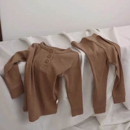 RetroCozy Ribbed Pajama Set – Kids 2pcs Cotton Sleepwear