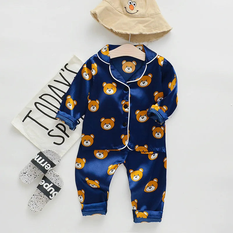 Children Silk Satin Pajamas Set Baby Boys Girls Cartoon Dinosaur Tops Trousers