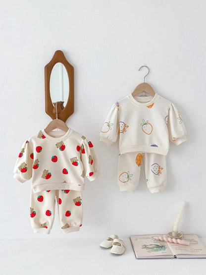 Baby Long Sleeve Set Infant Girl Cute Strawberry Bear Print Sweatshirt + Pants