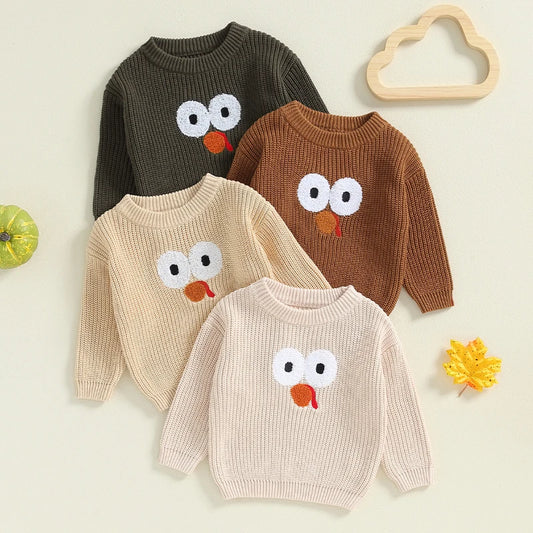 Boys Sweater Turkey Embroidery Crew Neck Long Sleeve Tops