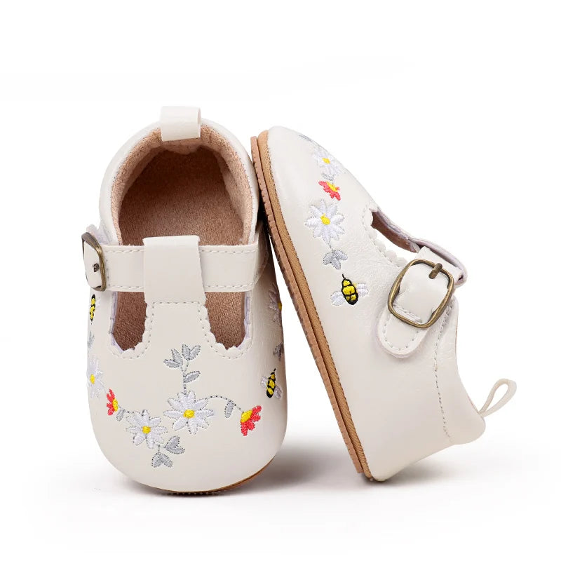 Baby Girl Mary Jane Flats Flower Embroidery Non-Slip Walking Shoes