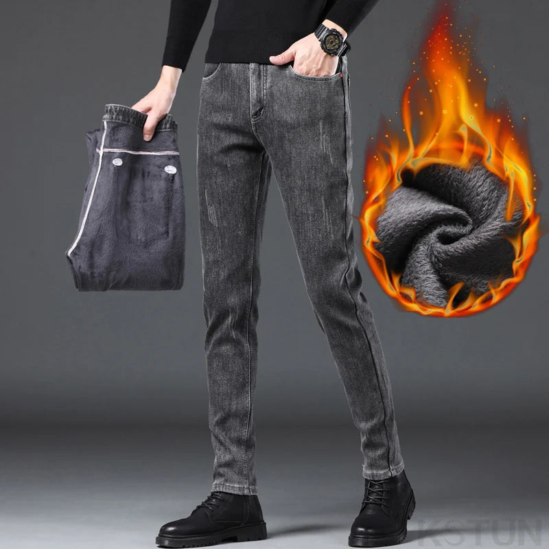 Thicken Jeans With Fleece Stretch Slim Skinny Denim Pants