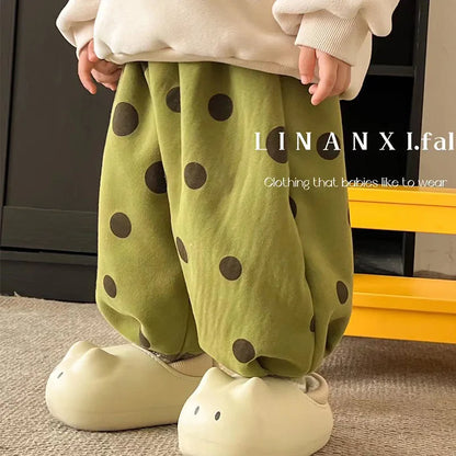 Children Polka Dot Trousers Plus Velvet Thick Girls Harem Pants Baby Boys Casual Pants