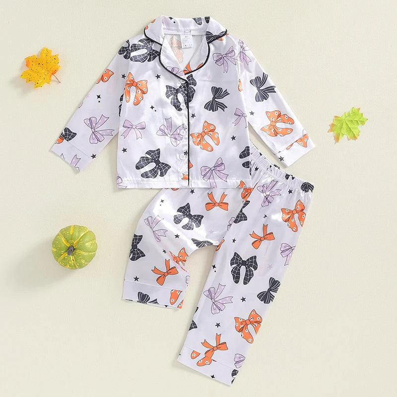 Girls Halloween Pajama Sets Pumpkin/Bow Print Shirt Pants Fall Sleepwear