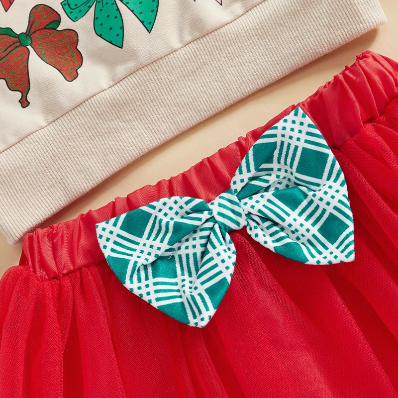 Toddler Girls Christmas Bow Pattern Sweatshirt Tops and Tulle Skirt