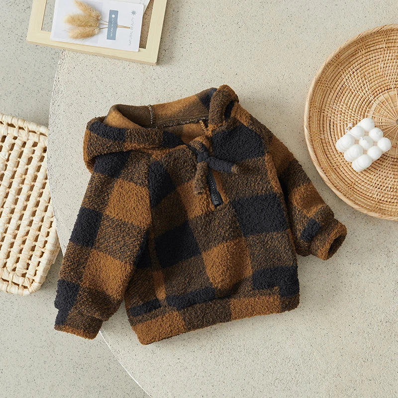 Baby Plaid Hoodies Winter Warm Long Sleeve Half Zip Hooded Sweatshirt