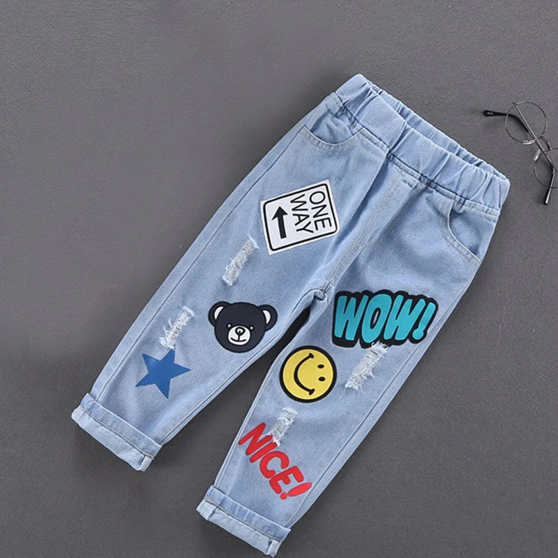 Children Jeans  Boys Cotton Print Splice Stretch Denim Pants