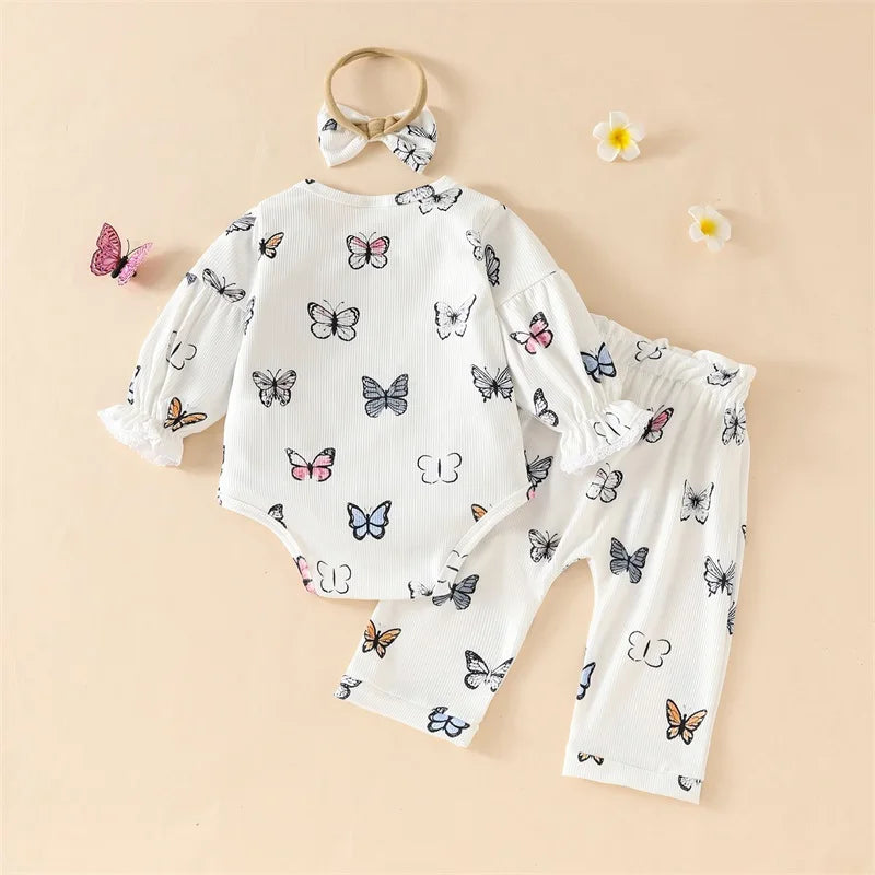 Baby Girl Butterfly Print Lace Trim Romper Elastic Waist Pants Bow Headband 3Pcs Set