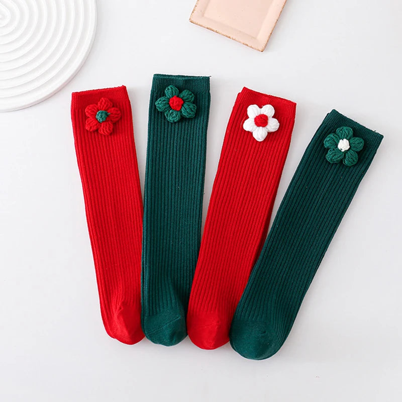 Girls Christmas Socks Cute Crocheted Flowers Dress Socks Breathable Walking Socks