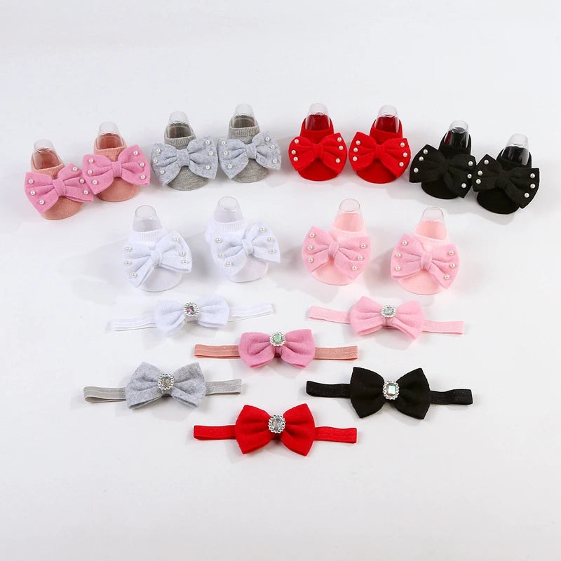 Baby Girl Floor Socks Cute Bow Non Slip Toddler Walking Socks and Headband Grip