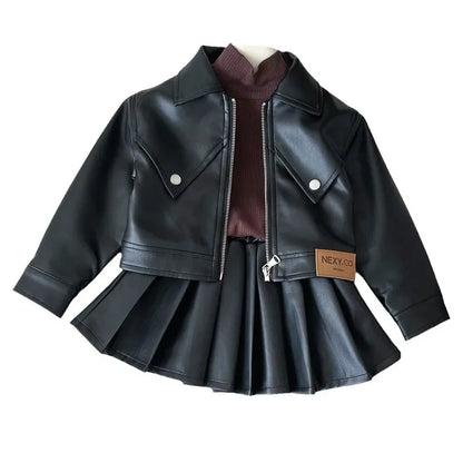 New Korean Girls Small Fragrant Style Temperament Leather Jacket and Skirt