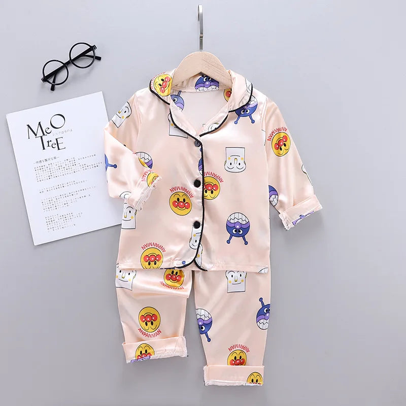 Children Silk Satin Pajamas Set Baby Boys Girls Cartoon Dinosaur Tops Trousers