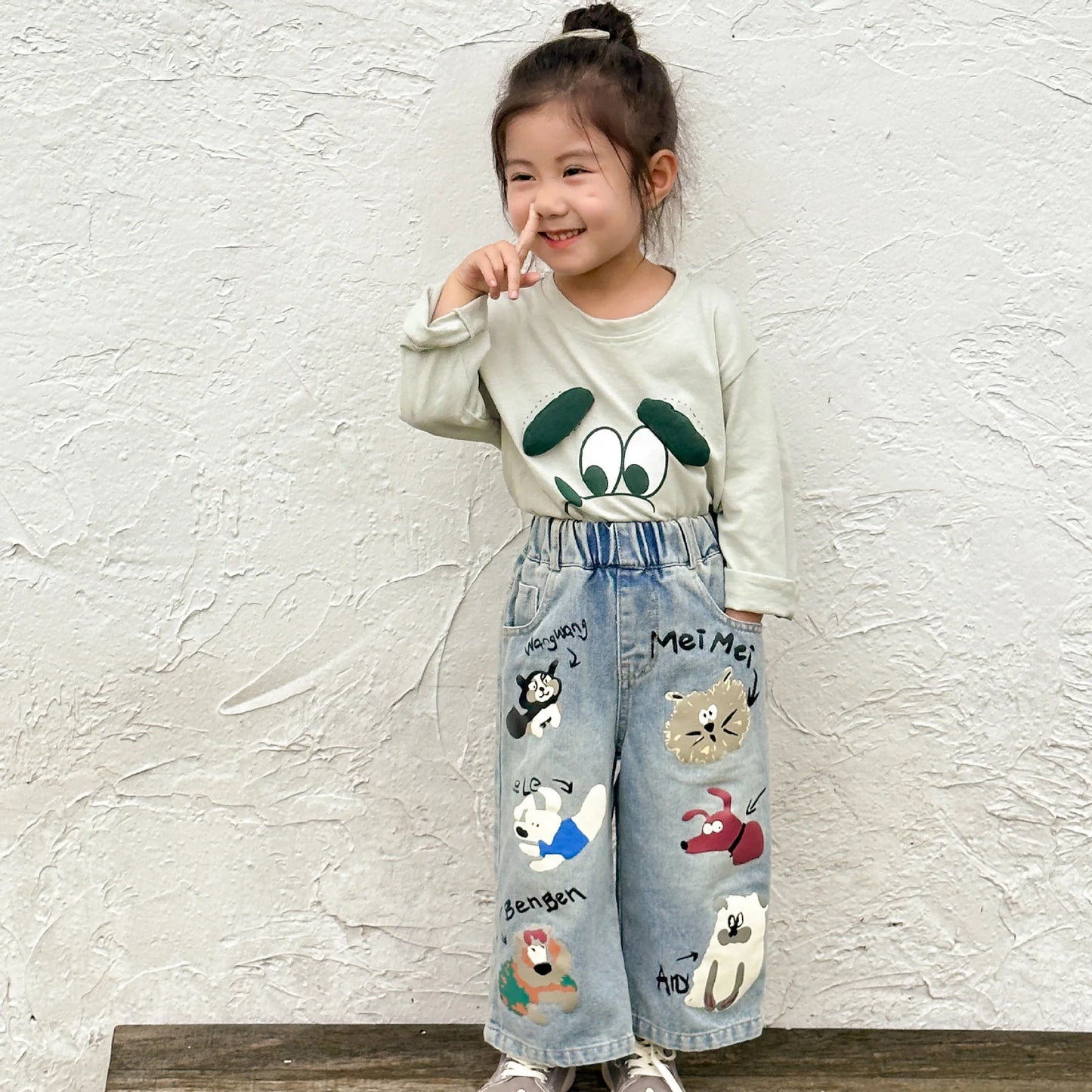 Baby Cartoon Print Jeans Loose Boy/girls Letter Casual Denim Pants