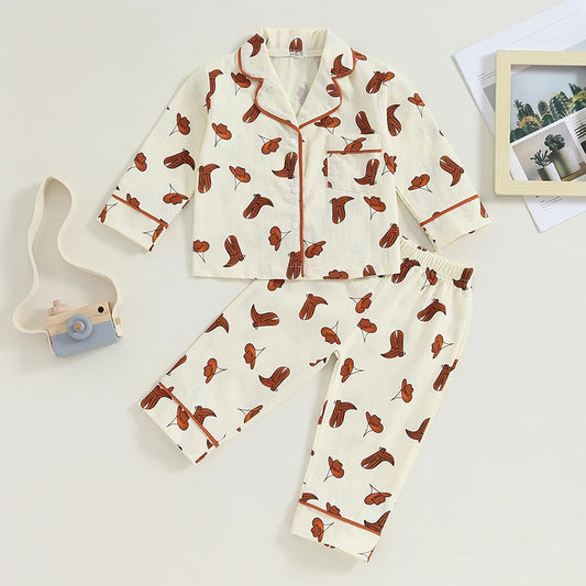 Boy Girl 2-Piece Pajamas Set Daisy Pattern Lapel Button Down Tops Pants