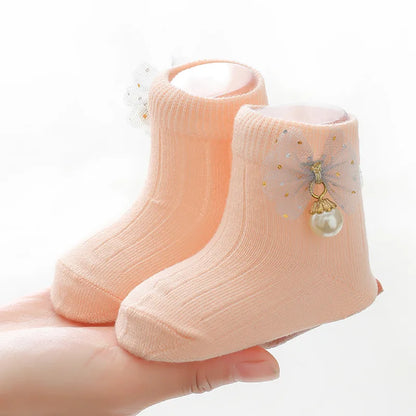 Baby Girls Crew Socks Cute Bow Pearl Socks Breathable Walking Socks for Toddler