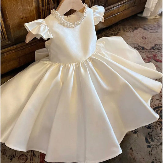 Baby Dresses for Wedding Pearl Necklace Girl Kid's Dress White Toddler Clothes Elegant Birthday