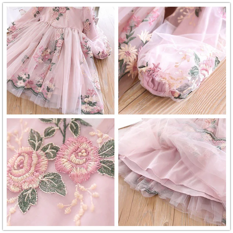 Little Children Party Kids Casual Dress Pink Floral Embroidery Dresses