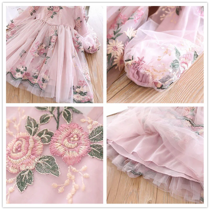 Little Children Party Kids Casual Dress Pink Floral Embroidery Dresses