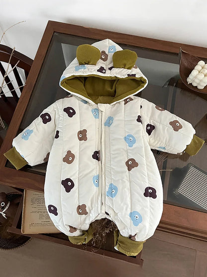 Baby Cartoon Bear Hooded Romper Plus Velvet Thick Infant Boy Girl Warm Jumpsuit