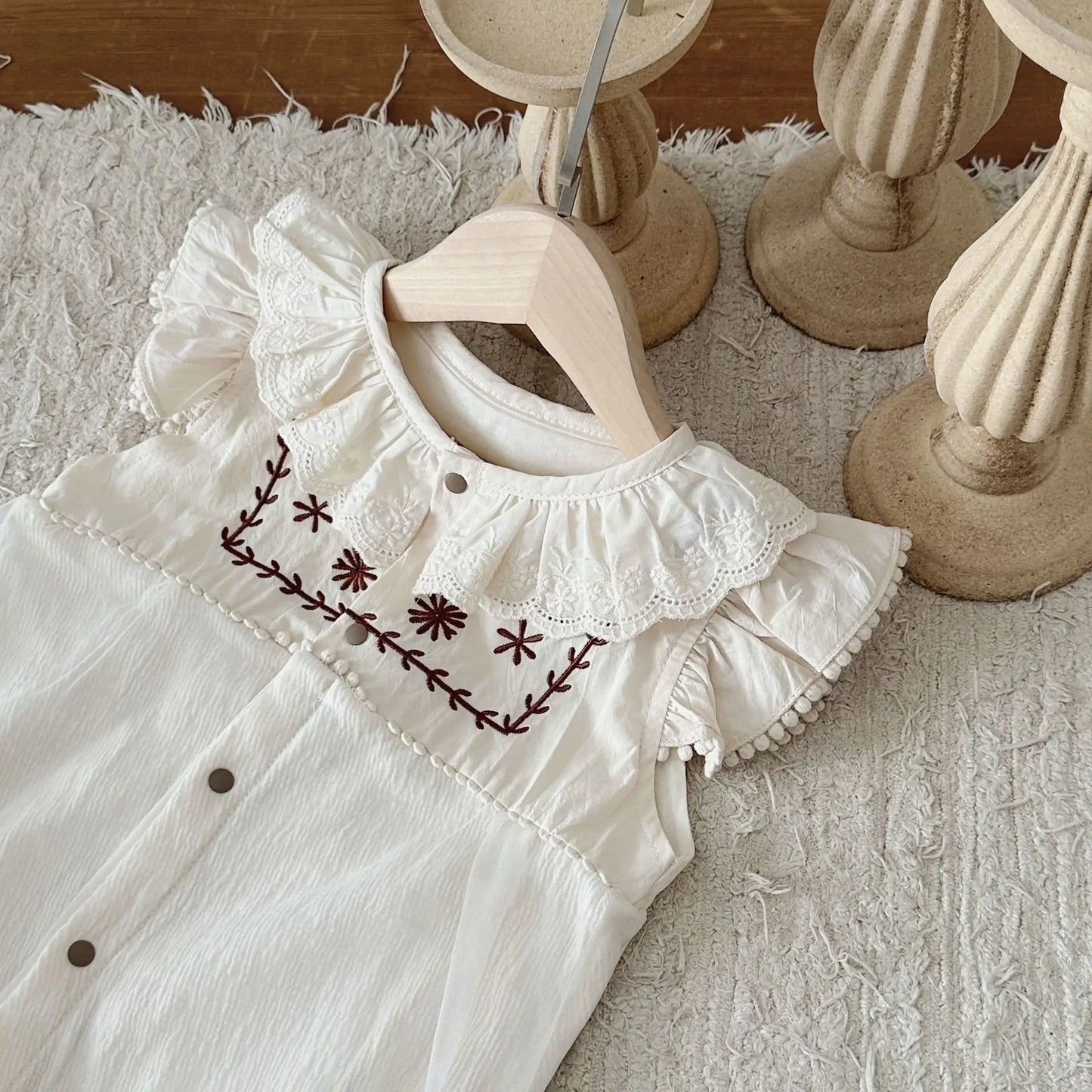 Newborn Girl Embroidery Flower Lace Lapel Jumpsuit Sleeveless Romper