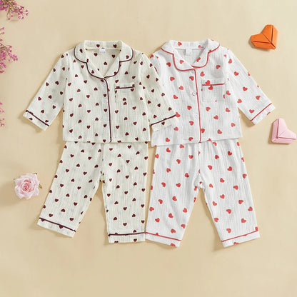 Girls Pajama Set Heart Print Long Sleeves Shirt and Elastic Waist Pants