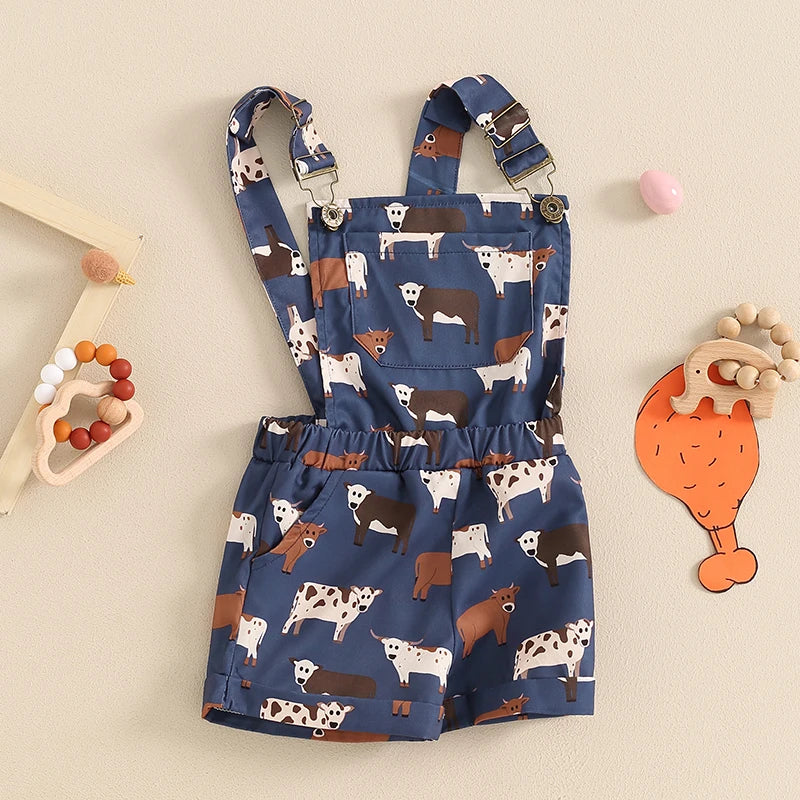 Girls Farm Cow/Chicken Print Sleeveless Strap Buttons Pockets Romper Jumpsuit