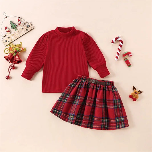 Little Girl Christmas Solid Color Ribbed Mock Neck Tops Plaid Elastic Waist A-Line Skirt