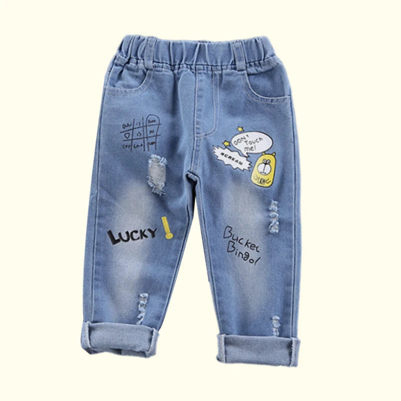 Children Jeans  Boys Cotton Print Splice Stretch Denim Pants