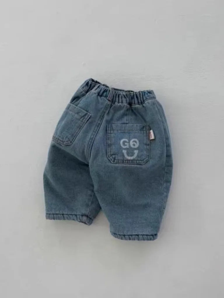 Baby Plus Velvet Thick Denim Trousers Children Windproof Warm Casual Pants