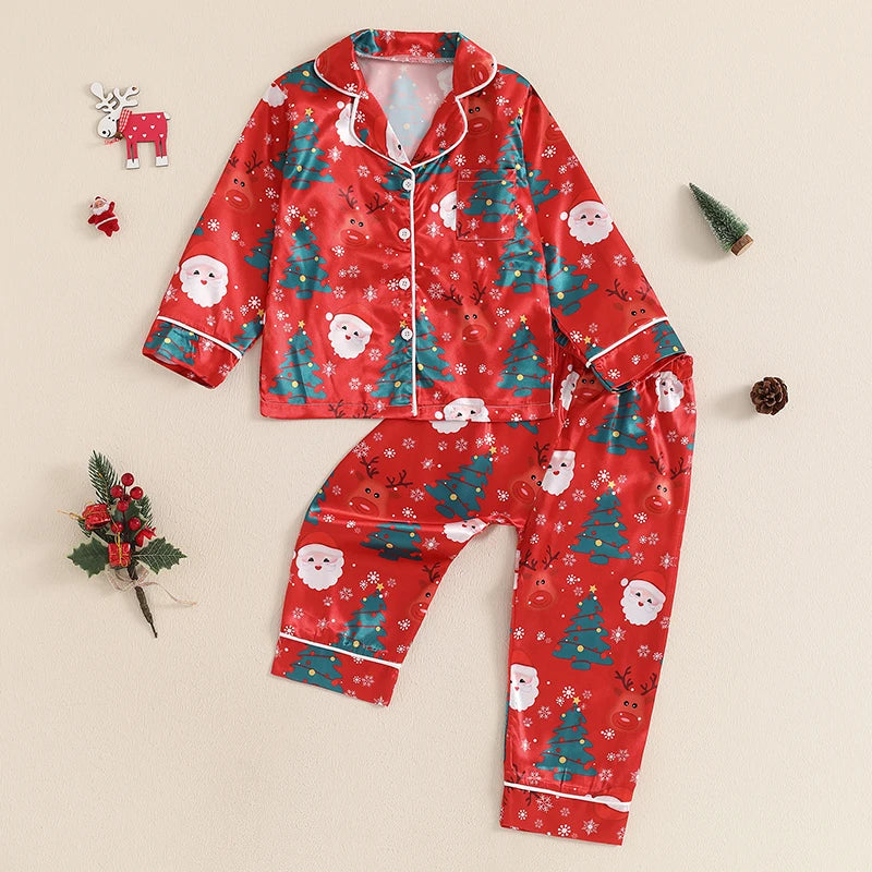 Girls Christmas Satin Pajama Set Santa Claus Print Long Sleeve Button Down Tops Pants