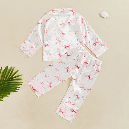 Girls Spring Autumn Pajama Set Long Sleeve Lapel Bow Print Shirt Elastic Waist Pants