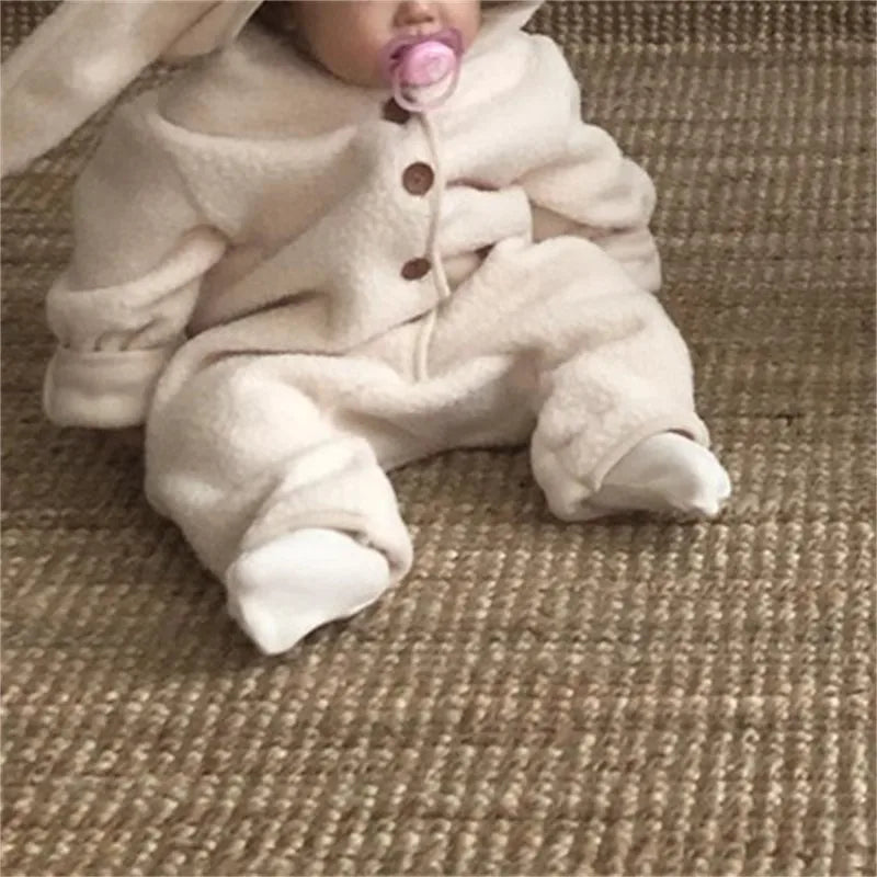 Girl Baby Fleece Cute Rabbit Ears Cardigan Romper Boy Infant Solid Jumpsuit