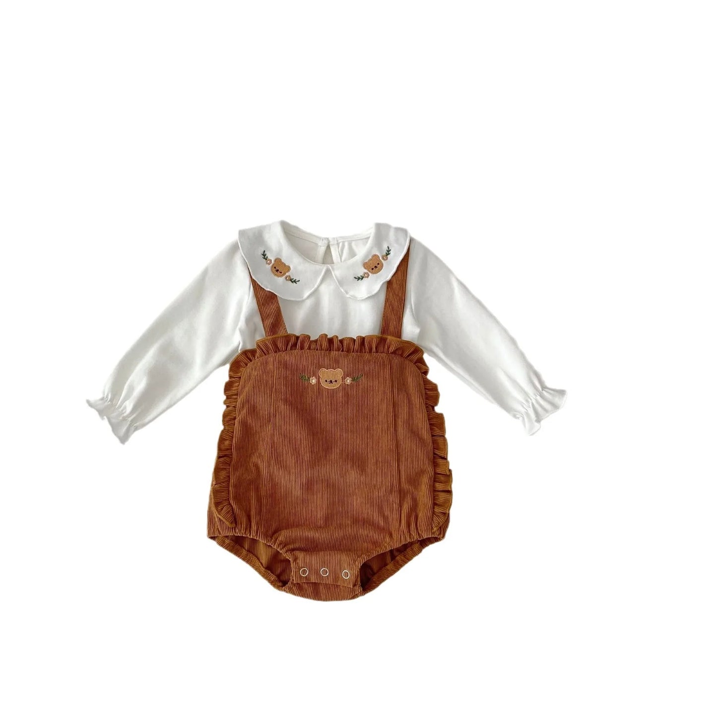 Baby Girls Cute Bear Embroidery Lapel Bottoming Tops + Strap Bodysuit