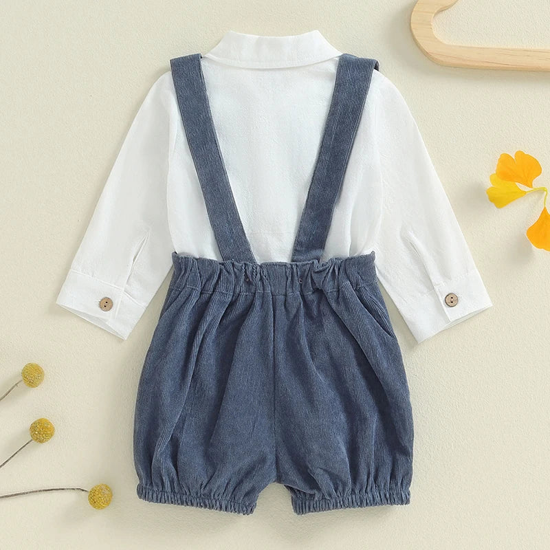 Baby Boy  Lapel Neck Romper with Suspender Shorts and Bow Tie 3Pcs