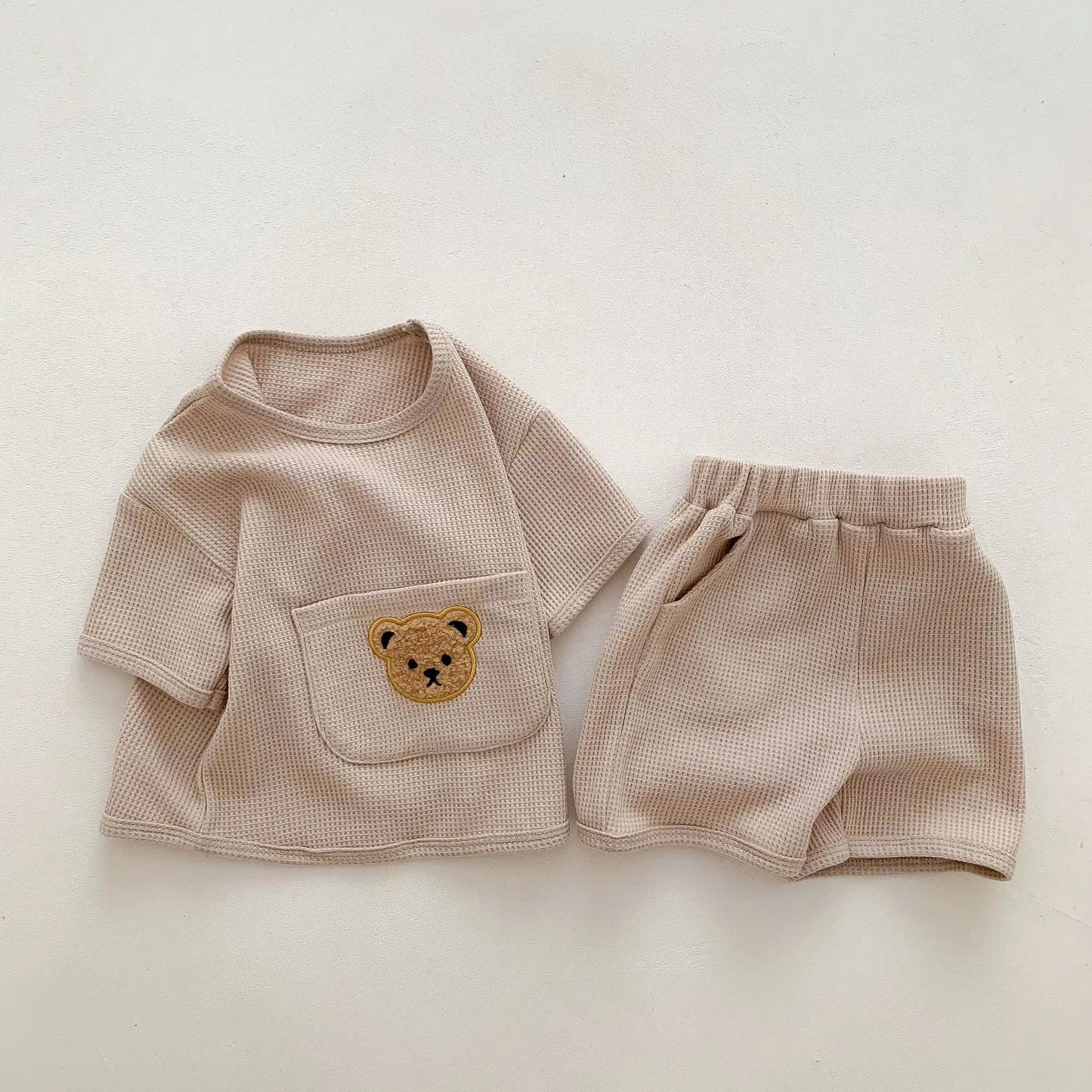 Newborn Baby Clothing Sets Waffle Bear Tee And Shorts 2 Pcs Suit