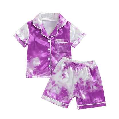 Girls Summer Pajama Sets Tie Dye Print Shirt Shorts Sleepwear Casual Homewear