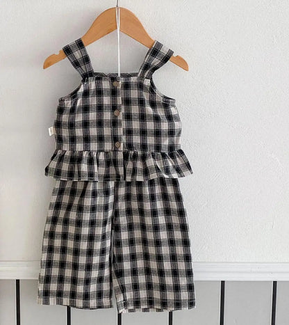 New Girl Children Striped Suspenders Shirt + Wide Leg Pants 2pcs